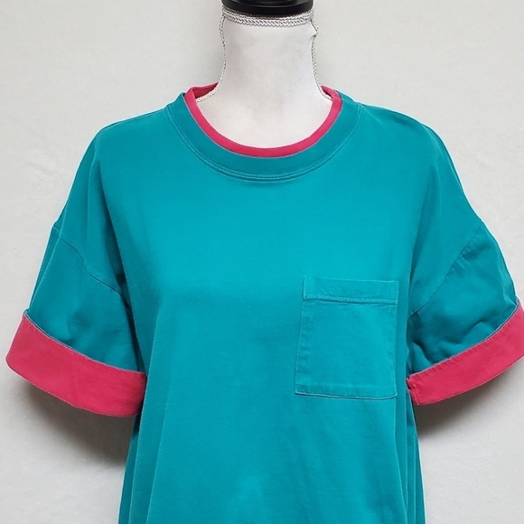 VINTAGE 90s Teal Hot Pink Oversized Boxy Cut Cuffed Short Sleeve Cropped Tee - Picture 8 of 13